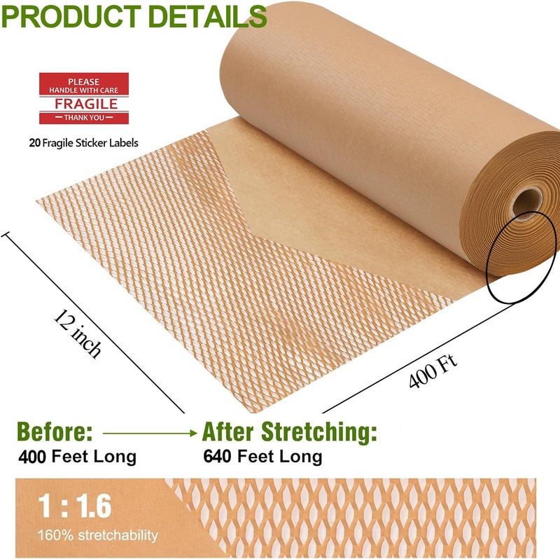 Besitek Honeycomb Packing Paper, 12" x 400' Honeycomb Cushioning Wrap Roll for Moving Shipping Packaging Gifts, Recyclable Honeycomb Paper Bubble Paper Wrapping with 20 Fragile Sticker Labels - Image 2